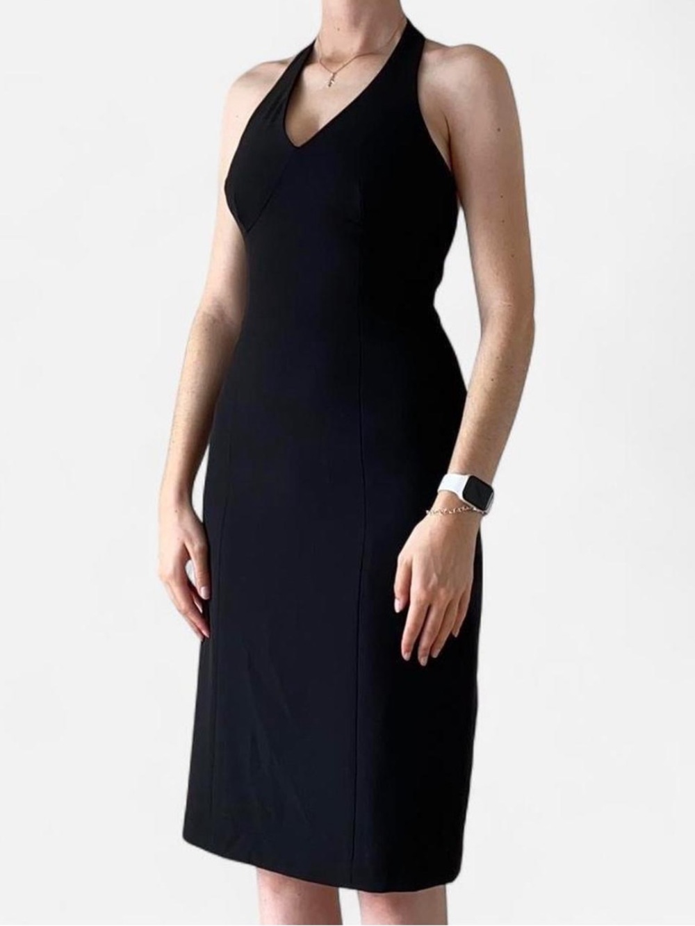 The Limited Vintage Halter Midi Lined V-Neck Sheath Dress in Black Size 6